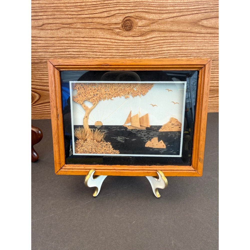 Vintage 3D Cork Art Diorama Sailboat Coastal Scene Salerno Italy 1985 Framed